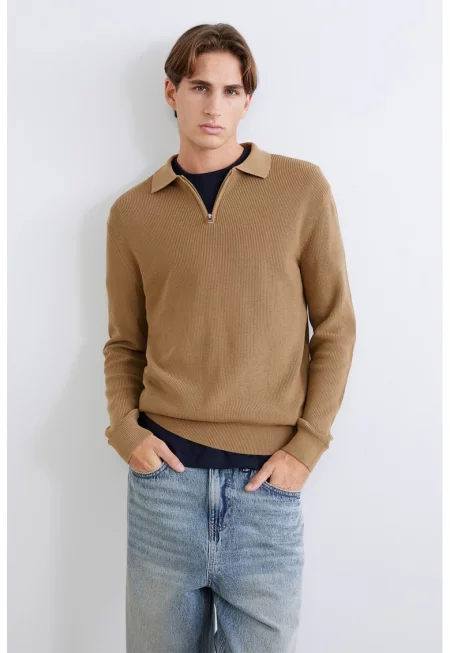 Пуловер с къс цип - Карамел
