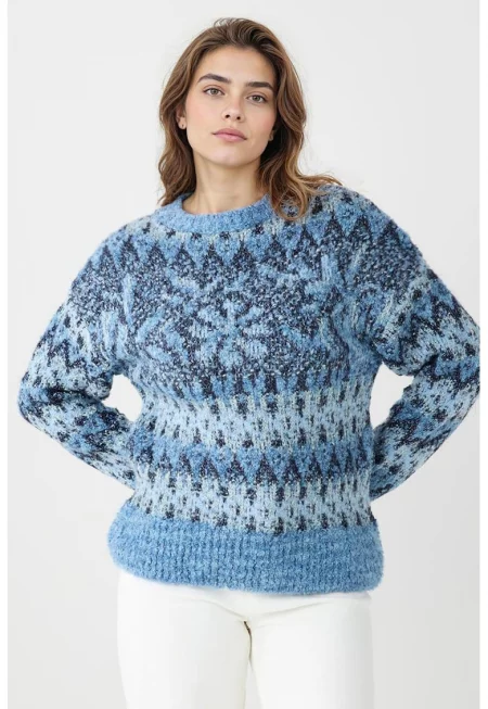 Пуловер с принт - Бял/Лавандула/Тъмносин