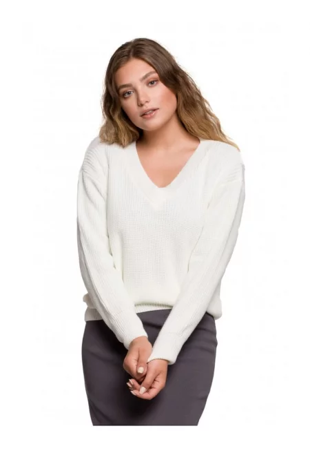 Пуловер с V-образно деколте - акрил - почти бял