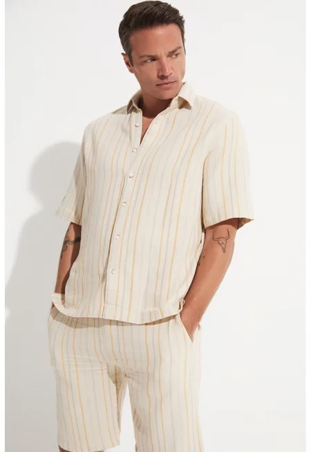 Раирана риза с лен и къси ръкави - Бледожълт/Синапено жълто