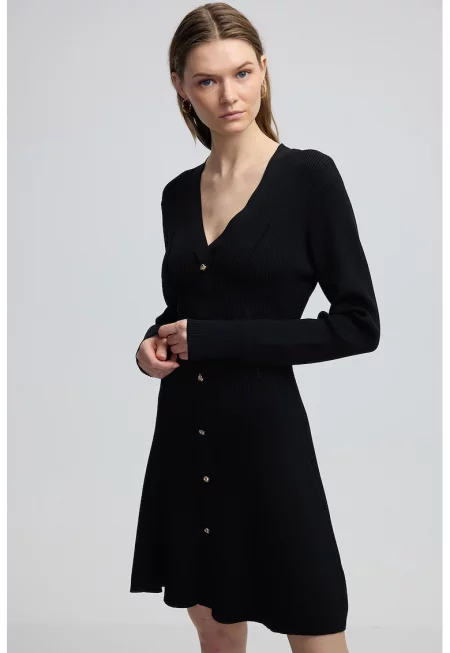 Разкроена фино плетена рокля - Черен