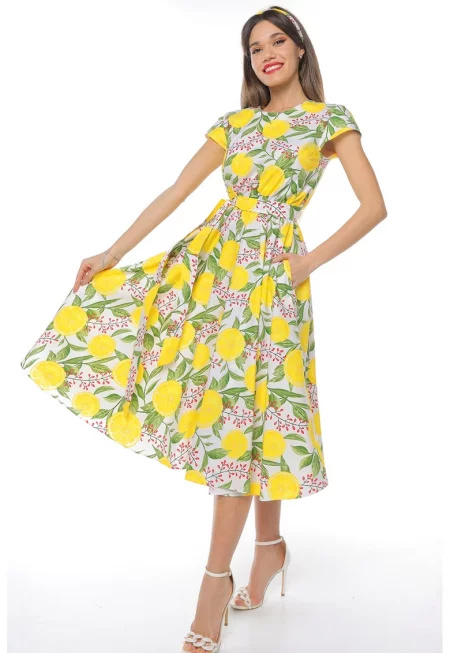 Разкроена рокля с къси ръкави - Зелен/Бял