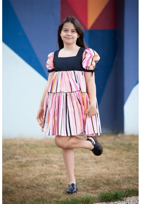 Разкроена рокля с квадратно деколте - Розово/Тъмносин