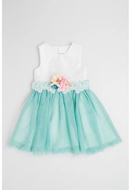 Разкроена рокля с тюл и флорални мотиви - Бял/Ментово зелено