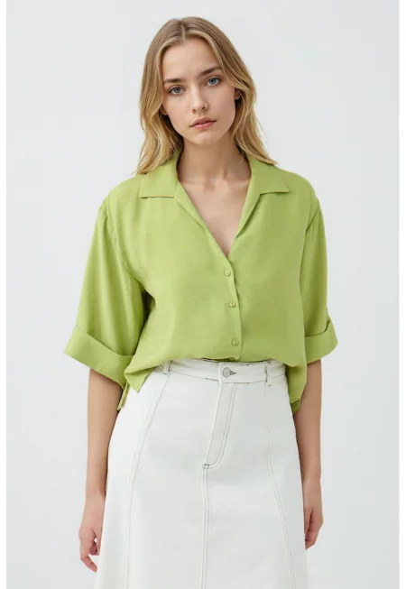 Риза с модал с паднали ръкави - Лайм зелено