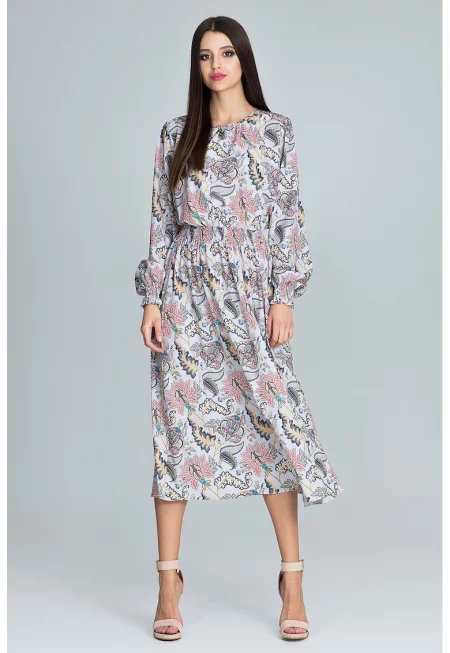 Рокля  M600 79 - флорален принт - миди дължина - дълъг ръкав - многоцветна - полиестер - SM