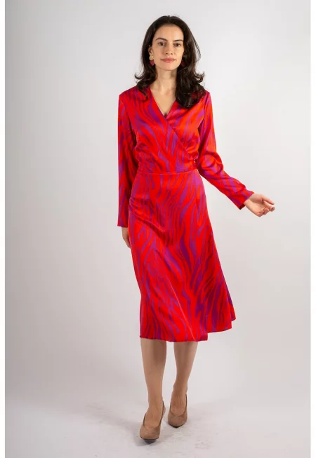 Рокля Naomi с шпиц и принт - Червен/Фанданго розово