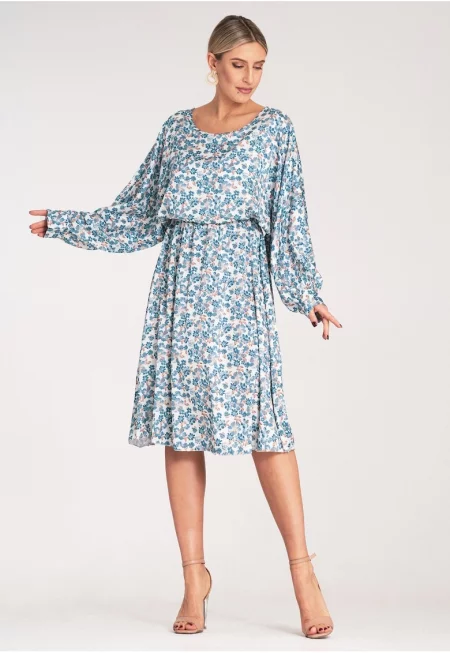 Рокля  полиестер - синьо - бяло - флорални мотиви - SM