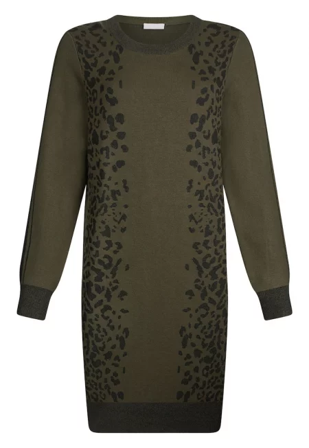 Рокля-пуловер с животинска шарка - Черен/Зелени аспержи