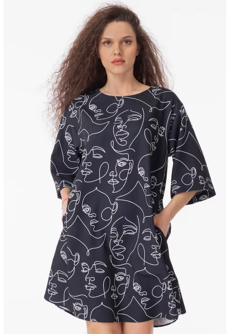 Рокля със свободна кройка и среднодълги ръкави - Бял/Избеляло черно