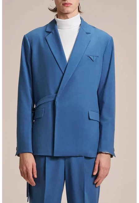 Сако с изрязан гръб и страничен колан - Син