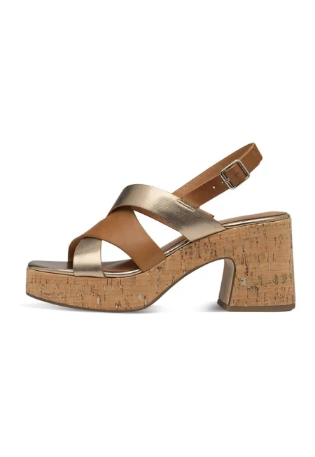 Сандали с масивен ток - Златист/Тъмнокафяв