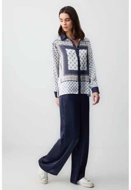 Сатиниран панталон с широк крачол - Тъмносин