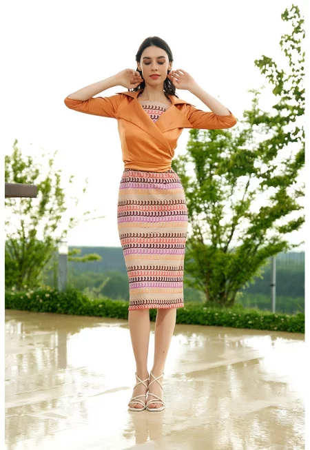 Сатинирана блуза с раздвоен ревер - Оранжев