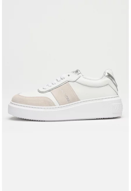 Спортни обувки от кожа и велур с лого - Бял/Сиво-бежов
