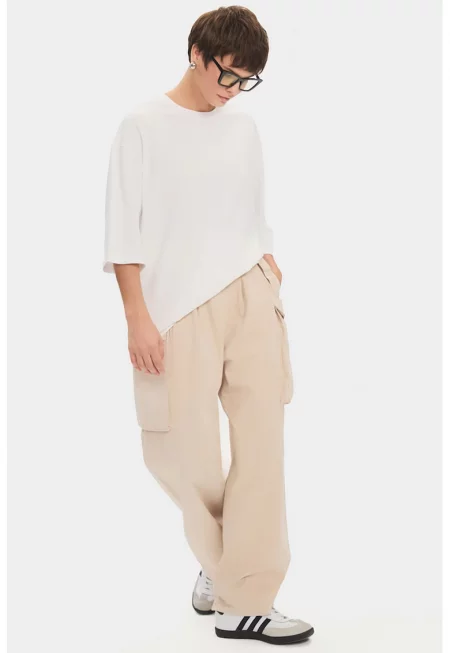 Свободен карго панталон с колан - Светло бежово