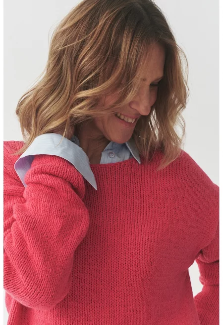 Свободен пуловер с овално деколте - Яркорозово