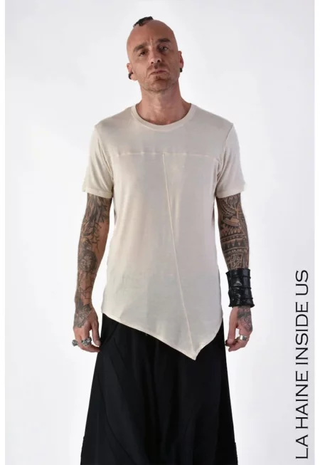 Тениска с нормална кройка и кръгла яка  Асиметрична прозрачна - Бежов