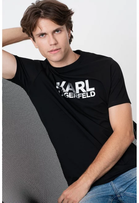 Тениска с овално деколте и лого - Черен/Сребрист