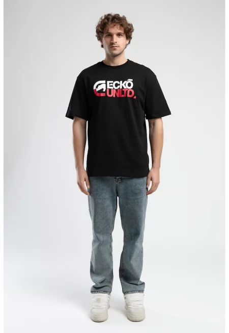 Тениска с овално деколте и лого - Червен/Черен/Бял