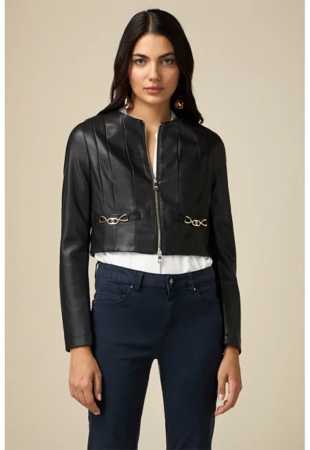 Яке от еко кожа с метални детайли - Черен