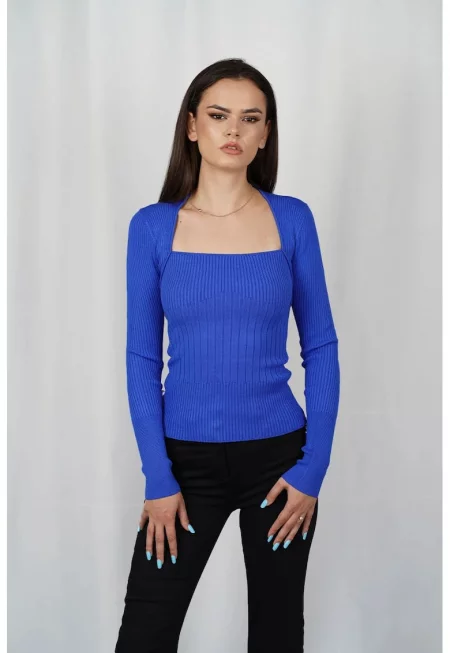 Блуза с висока яка - дълъг ръкав и изрязано деколте - Син