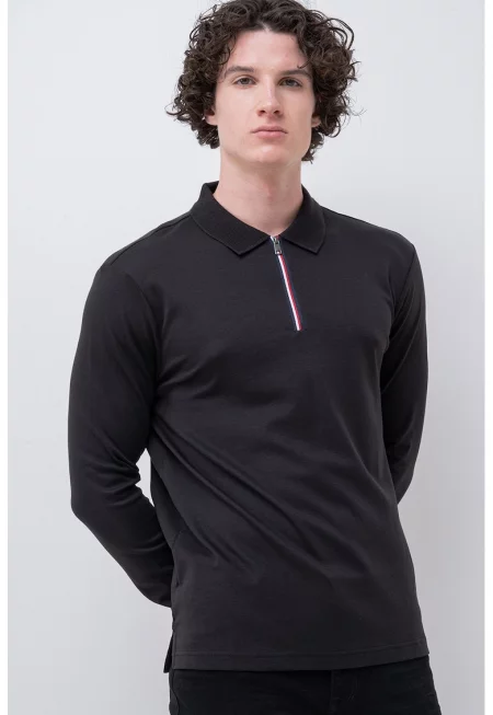 Блуза с яка с къс цип - Черен