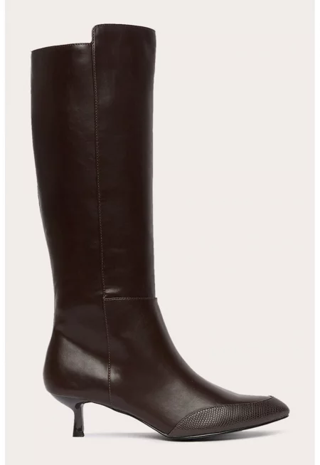 Боти до коляното от еко кожа с котешки ток - Тъмнокафяв