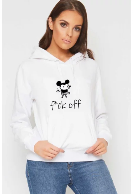 Бяло дамско худи - f*ck off Mickey Mouse