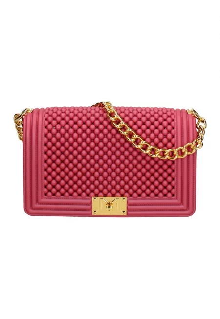 Чанта през рамо с капаче и мъниста - Червен/Златист