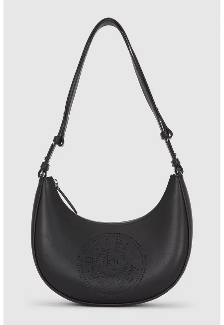 Чанта за рамо с форма на полумесец и лого с перфорации - Черен