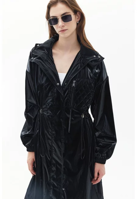 Дълго яке с качулка и паднали ръкави - Черен