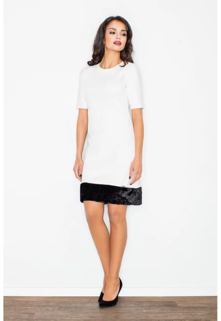 Дамска рокля  M429 - елегантна - къс ръкав - екрю - вискоза