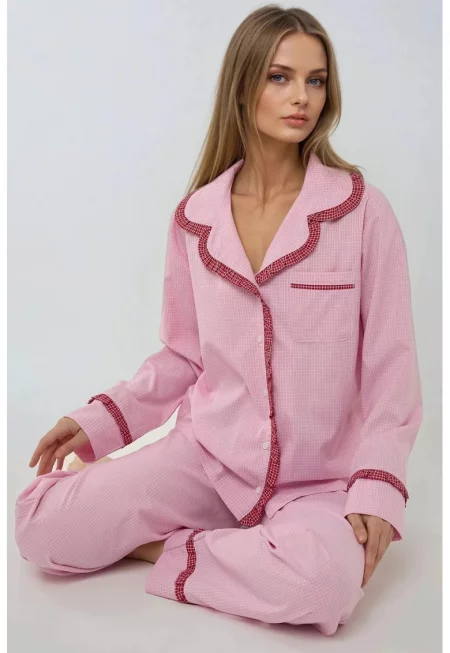 Дамски комплект пижама  на карета - с яка тип риза - розов - памук и полиестер