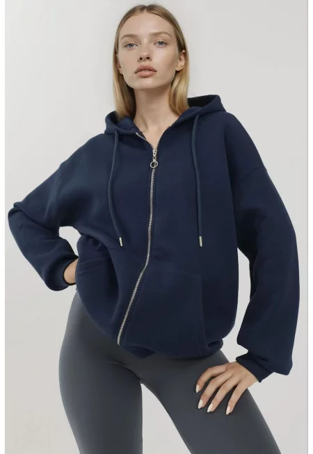 Дамски суичър -  текстуриран - тъмносин - полиестер и памук