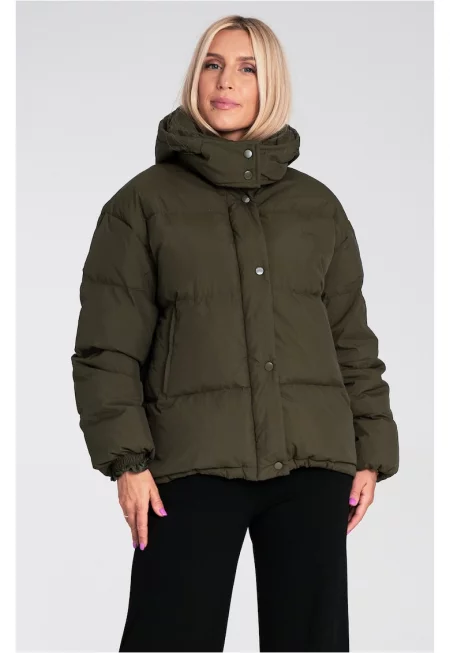 Дамско яке -  капитонирано - качулка - масленозелено - синтетично