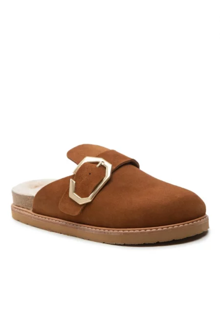 Естествени дамски чехли Естествена кожа/Велур - Кафяв