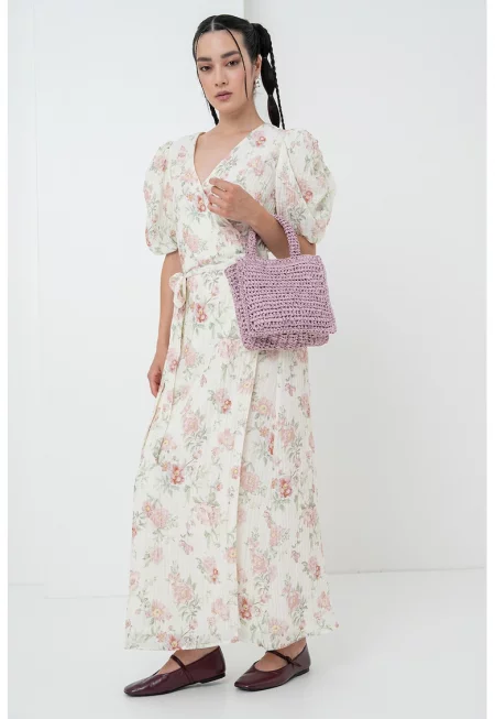 Флорална дълга рокля с връзка и бухнали ръкави - Бледозелен/Прашно розово