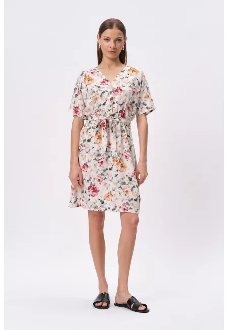 Флорална шпиц рокля - Червен - Праскова -