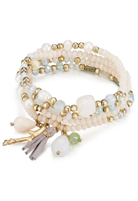 Гривна със сладководни перли и кристали - Златист