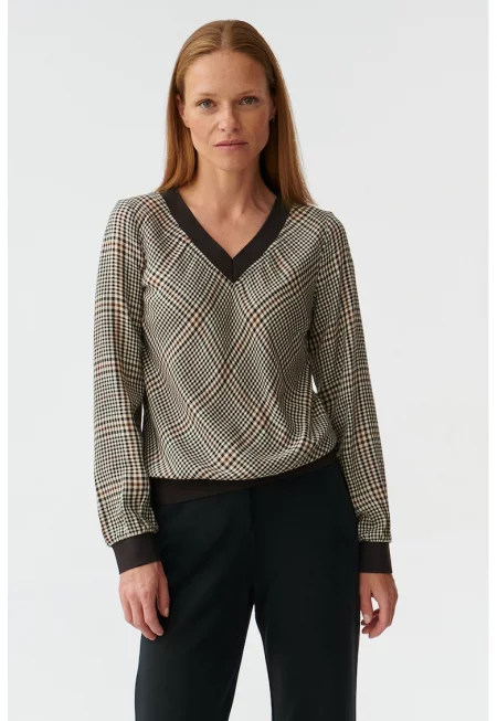 Карирана блуза с шпиц - Бял/Черен/Кафяв