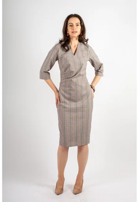 Карирана рокля Amelie с вълна - Избеляло черно/Светло кафяво/Розово