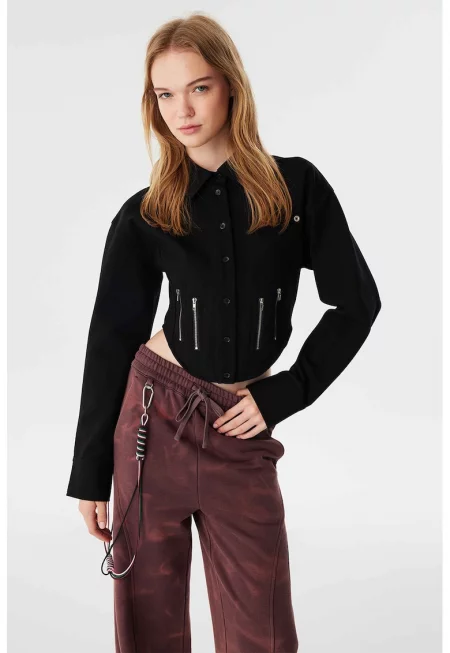 Къса риза с копчета - Черен