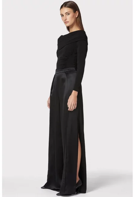 Копринени панталони с разкроен силует - висока талия и цепка на крачола