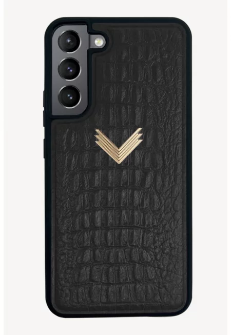 Кожен калъф за телефон Samsung S22 - Златист/Черен