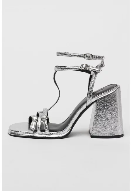 Кожени сандали Kiora с масивен ток - Сребрист
