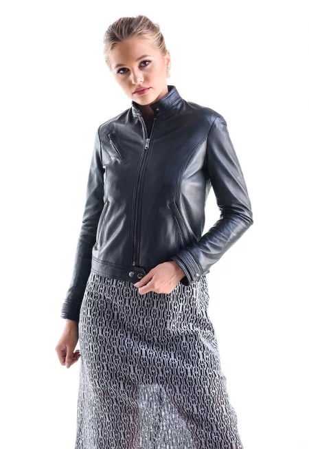 Кожено яке с джобове - Черен