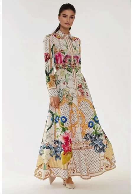 Макси рокля -  дълъг ръкав - щампа - текстил