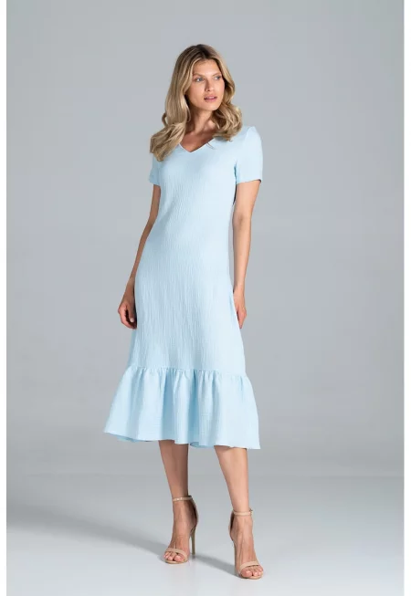 Миди рокля  светло синя - волани - къс ръкав - памук