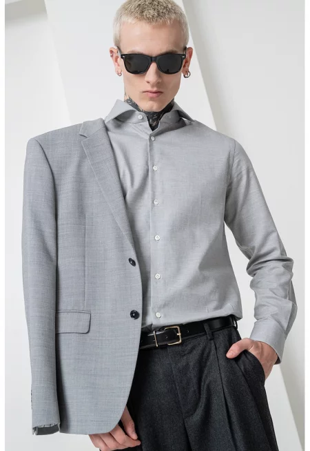 Памучна риза с дълги ръкави - Бял/Светло сив